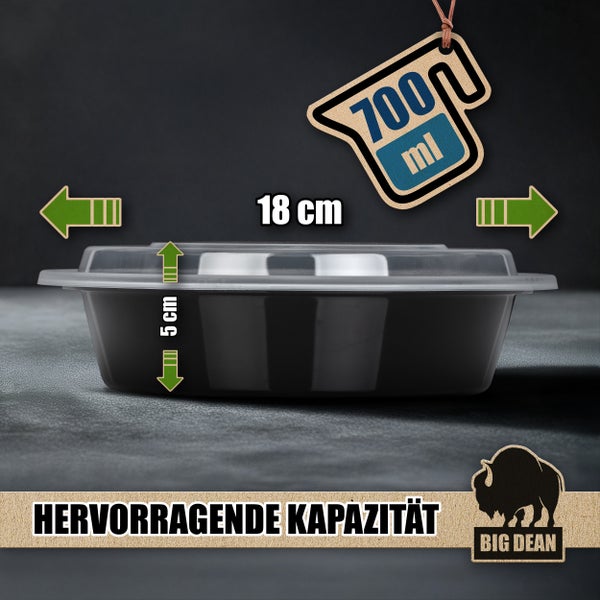 Runder Lebensmittelbehälter mit Deckel, 18 Zentimeter Durchmesser, 5 Zentimeter Höhe, 700 Milliliter Kapazität und Big Dean Logo.