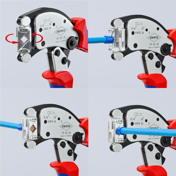 Mehrere Ansichten einer Krimpzange von Knipex beim Verarbeiten einer Aderendhülse.