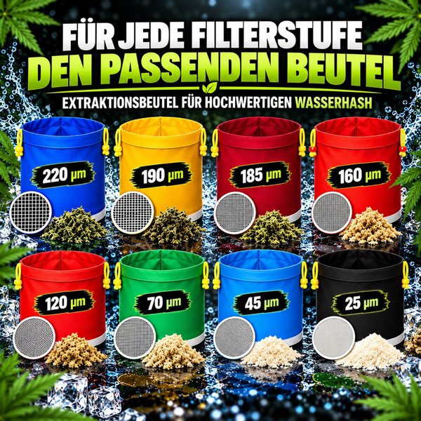 Set aus acht Extraktionsbeuteln mit verschiedenen Filterstärken von 25 bis 220 Mikrometer zur Herstellung von Wasserhash.