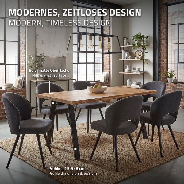 Esszimmer mit Holztisch und gepolsterten Stühlen im Loft Design mit industriellen Akzenten und einer modernen Pendelleuchte im Wohnbereich.