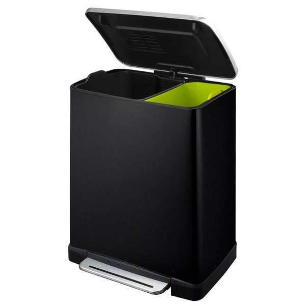 PROREGAL Stilvoller Rechteckiger Treteimer Mit Extra Breitem Pedal 19 Liter HxBxT 44,6 x 36,6 x 31,9 cm 2 Inneneimer Schwarz Deckel Edelstahl