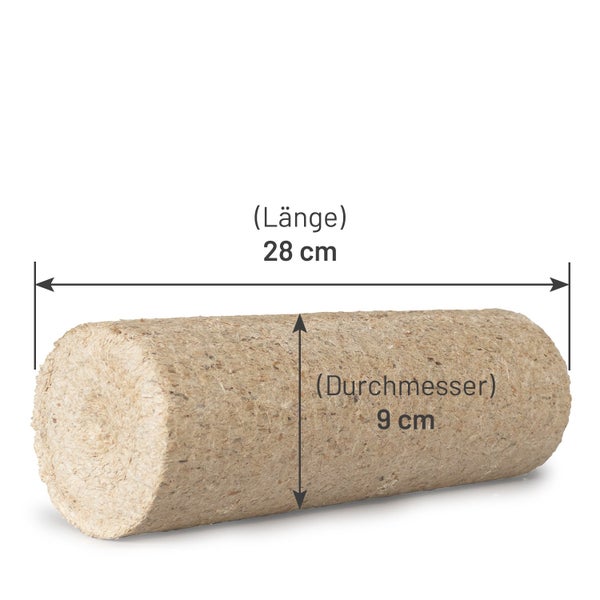 Holzbrikett zylindrisch, Laenge 28 Zentimeter, Durchmesser 9 Zentimeter.