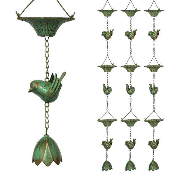 Outsunny 3er Set Regenkette 123cm Regenablaufkette aus Metall Ablaufkette mit befestigtem Aufhänger Vögeln Bell Dachrinnenkette Regenwasserkette Regenfängerkette für Dachrinnen Regenfänger Regenketten