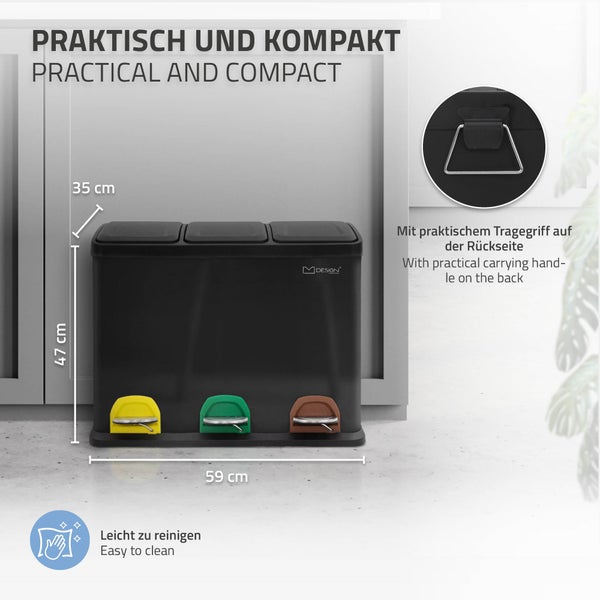 ML-Design Mülleimer Küche 3x 15L (45L), Schwarz, Mülltrennsystem 3 Fächer, Treteimer zur Mülltrennung, Abfalleimer aus Stahl mit Inneneimer aus Kunststoff & Klappdeckel, farblicher Kennzeichnung