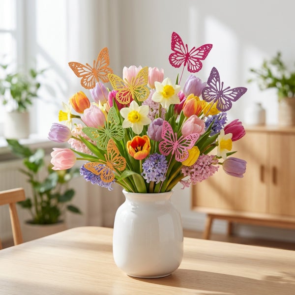 Ein bunter Blumenstrauß aus Tulpen und Narzissen in einer weißen Vase, dekoriert mit dekorativen Schmetterlingssteckern auf einem Holztisch.
