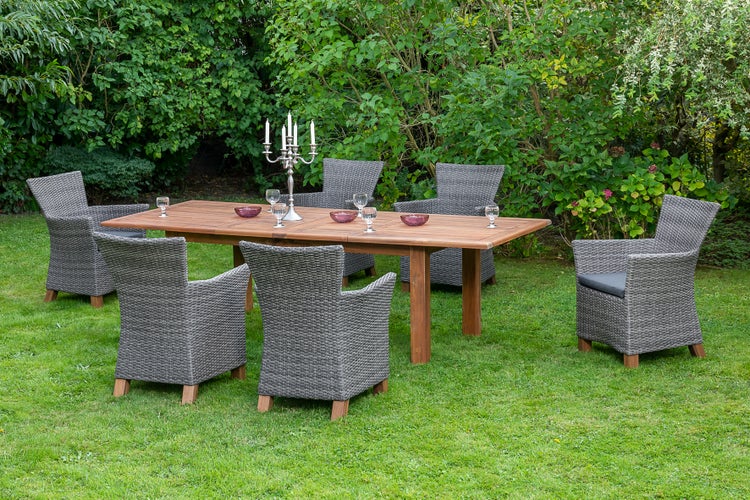 Toskana Gartenmöbelset 7tlg., Gartensessel inkl. Auflagen, Doppelausziehtisch 180 (220/260) x 100 cm, grau