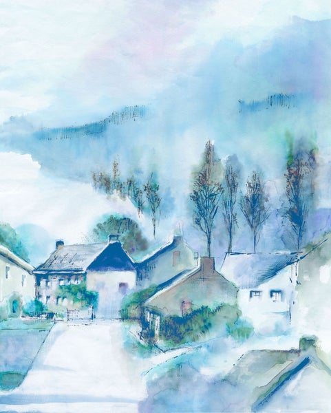 Aquarellmalerei einer Häuserreihe in einem Dorf