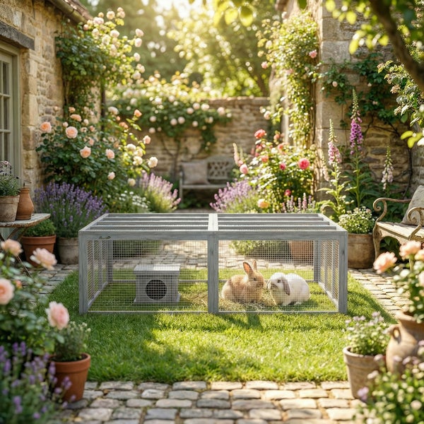 Kleintiergehege aus Holz und Draht auf einer Rasenfläche in einem hellen Garten mit zwei Kaninchen und einem kleinen Schutzhaus.