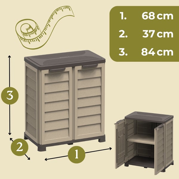 Abbildung eines Geräteschranks mit Abmessungen: Breite 68 cm, Tiefe 37 cm, Höhe 84 cm.