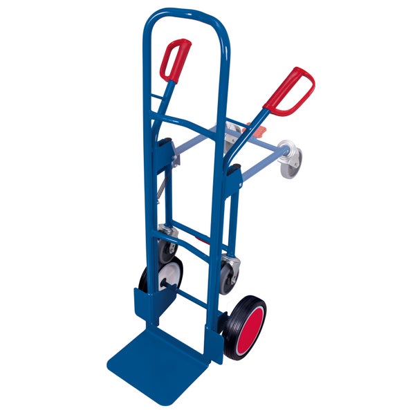 Blaue Sackkarre mit roten Griffen und Rädern
