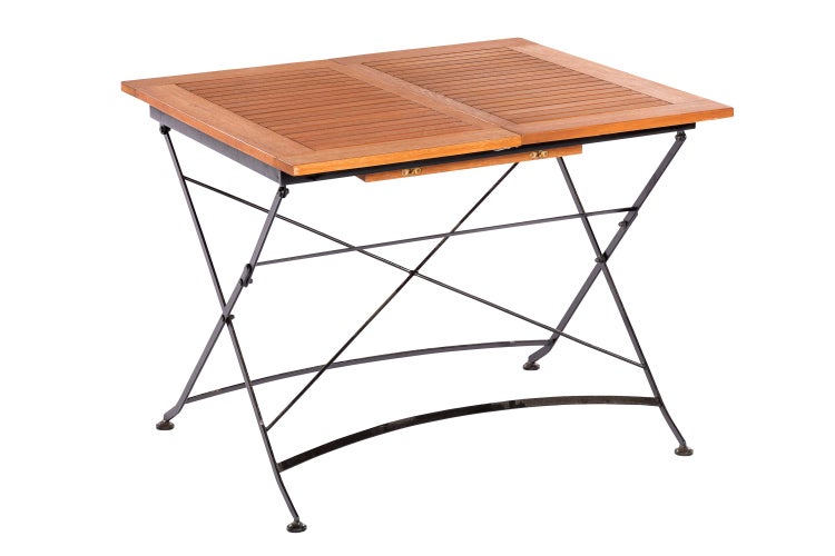 Quadratischer Klapptisch aus Holz und Metall für den Garten