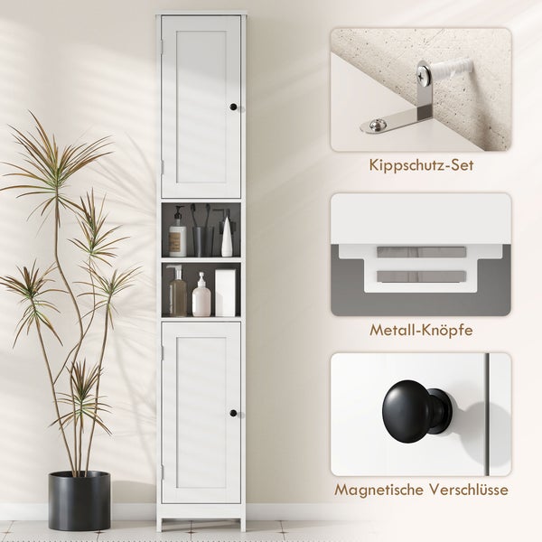 Weißer Badezimmer-Hochschrank mit zwei Türen und zwei offenen Fächern. Inklusive Kippschutz-Set, Metall-Knöpfen und magnetischen Verschlüssen.