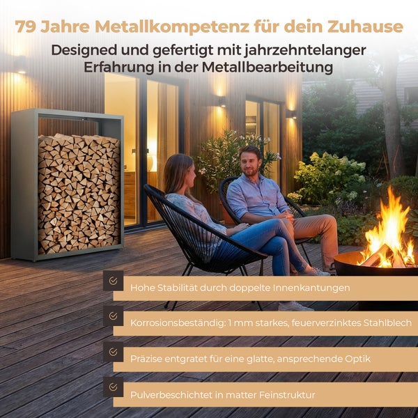 Stabiles Metall-Kaminholzregal aus feuerverzinktem Stahlblech auf einer Holzterrasse mit Feuerschale, Sitzmöbeln und Personen vor einem Holzhaus.