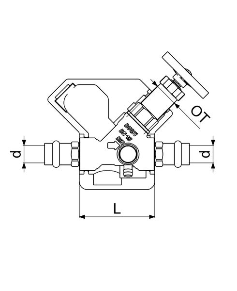 Maßzeichnung eines Freistromventils mit Handrad, Nennweite 15 und technischen Maßen für Durchmesser, Länge und Oberteil.