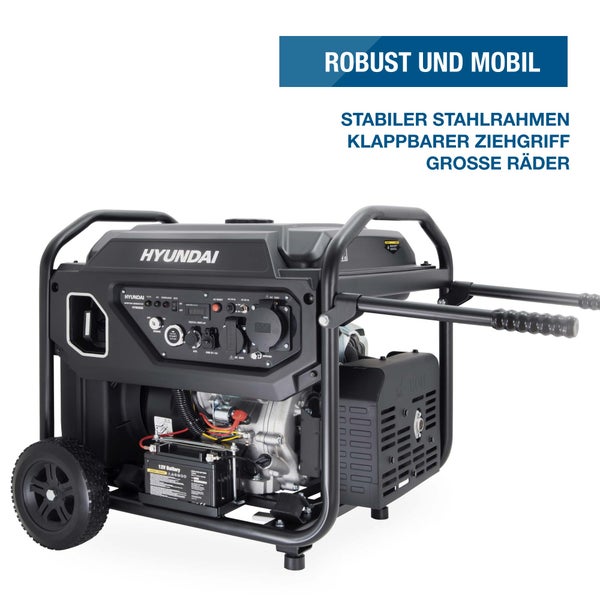 Hyundai Inverter Stromerzeuger mit stabilem Stahlrahmen, klappbarem Ziehgriff und großen Rädern.
