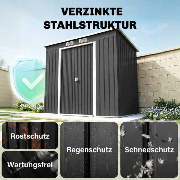 Zwei Lüftungsöffnungen an einem Metallgerätehaus sorgen für Luftzirkulation zur Vermeidung von Feuchtigkeit und Gerüchen.