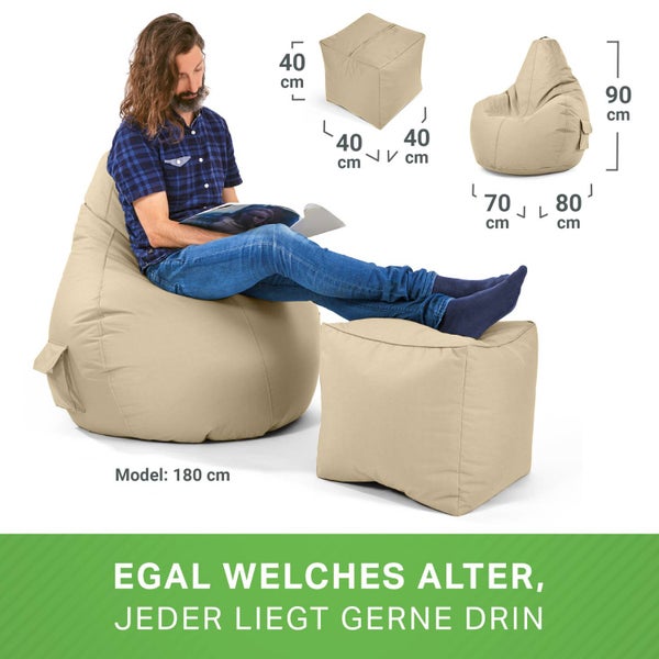 Green Bean 2er Set Sitzsack + Hocker - fertig befüllt - robust waschbar schmutzabweisend - Kinder & Erwachsene Bean Bag Bodenkissen Lounge Sitzhocker Relax-Sessel Gamer Gamingstuhl Pouf - Beige