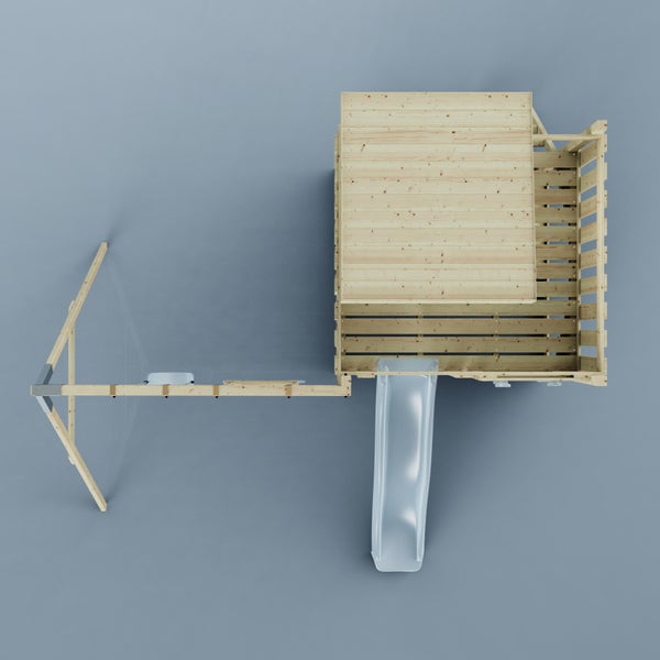 Draufsicht auf einen Spielturm aus Holz mit Spielhaus, Plattform, Rutsche und Anbauschaukel.