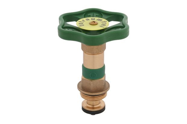 Absperrventil-Oberteil aus Messing mit grünem Handrad, totraumfrei.