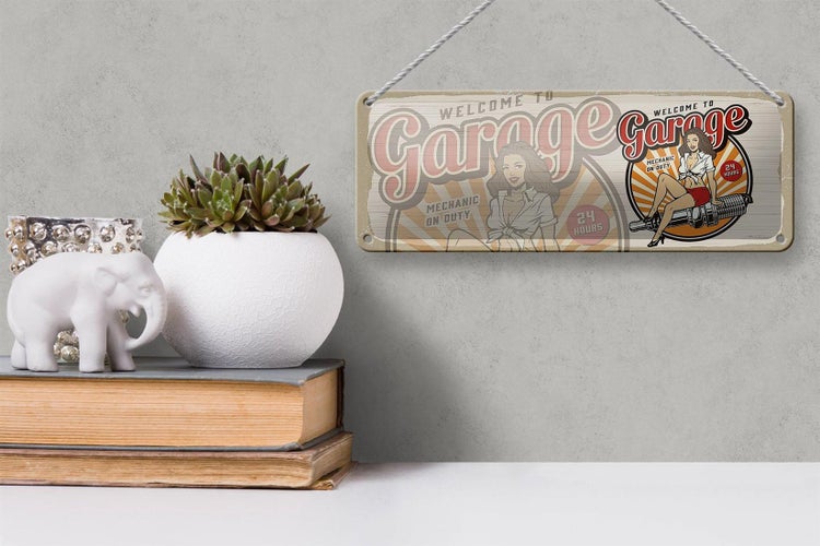 Blechschild Spruch Pinup Welcome to Garage Mechanic on 27x10cm