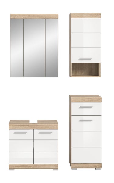 Badezimmermöbel-Set in Eichenoptik mit weißen Fronten: Spiegelschrank, Waschbeckenunterschrank, Hängeschrank und Hochschrank.