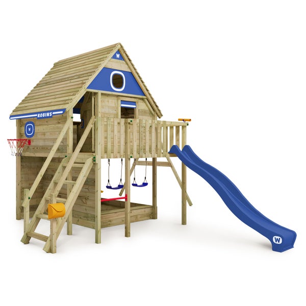 WICKEY Stelzenhaus Smart FamilyHouse mit Schaukel und Rutsche,integriertem Sandkasten und großem Spielhaus mit Geheimgang, massiver Treppe Handlauf, Fenstern, Rollos und Fensterläden -  blau