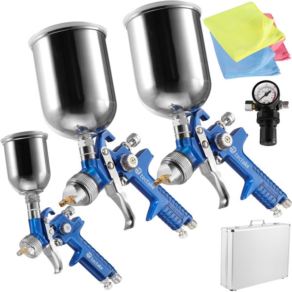 HVLP-Lackierpistolen-Set tectake  inklusive Mikrofasertücher und Aluminiumkoffer 0,8 / 1,3 / 1,7 mm-Düse blau