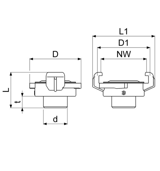 Maßzeichnung einer Schlauchkupplung mit technischen Angaben zu Durchmesser, Länge und Nennweite.