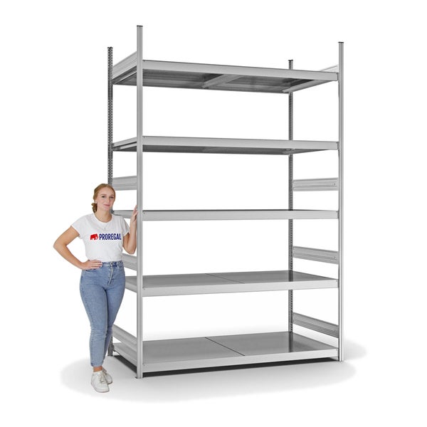 PROREGAL Weitspannregal Stecksystem T-Profil Grundregal HxBxT 300x200x80 cm 5 Ebenen Stahlplatten Fachboden Fachlast 350 kg Verzinkt