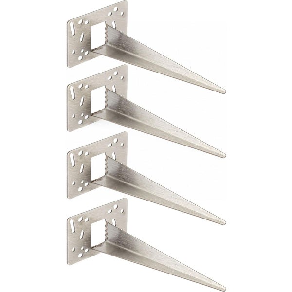 Vierteiliges Set aus Regalträgern aus Metall, keilförmige Stützen mit rechteckigen Montageplatten und mehreren Bohrlöchern für die Wandbefestigung.