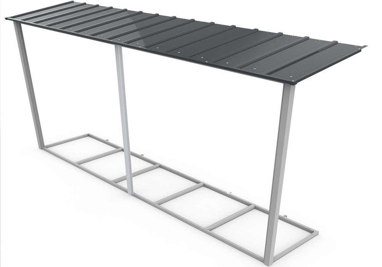 Brennholz-Unterstand aus Metall mit grauem Dach zur Lagerung von Kaminholz.