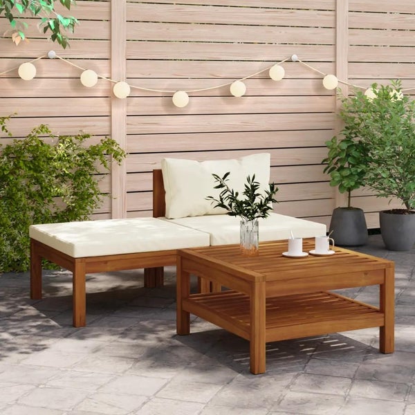 3-tlg. Garten-Lounge-Set mit Cremeweißen Kissen Akazienholz