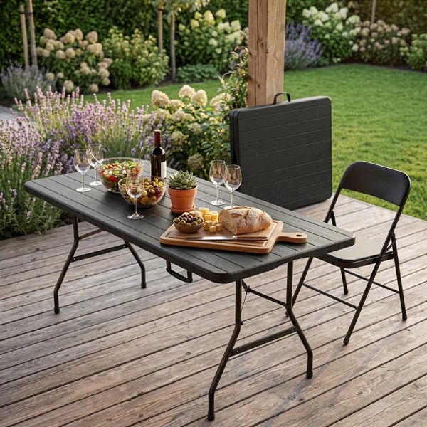 Klappbarer Gartentisch und Klappstuhl in Schwarz auf einer Holzterrasse, gedeckt mit Speisen in einem hellen, gepflegten Garten.