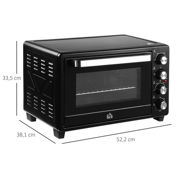 Schwarzer Homcom Mini-Backofen mit Glasfront und Drehreglern. Maße: 33,5 Zentimeter Höhe, 52,2 Zentimeter Breite, 38,1 Zentimeter Tiefe.