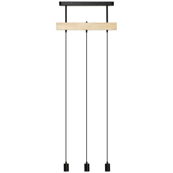 Dreiflammige Pendelleuchte mit Holzbalken