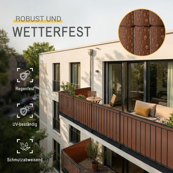 Robuster, wetterfester Balkonsichtschutz in Braun, regenfest, ultraviolettbeständig und schmutzabweisend, mit Detailansicht von Wassertropfen.