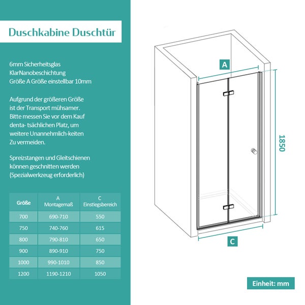 EMKE Duschtür Nischentür Falttür 120x185 cm, 180°faltbare Duschabtrennung, 6 mm ESG Sicherheitsglas, Rundgriff, Duschwand faltbar, Duschkabine Bad, für Nische