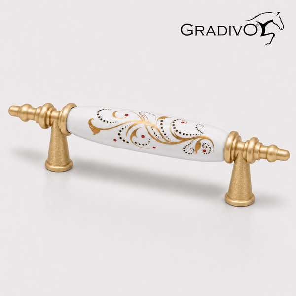 Möbelgriff aus weißer Keramik und goldfarbenem Metall mit Blumenmuster, Gradivo Logo.