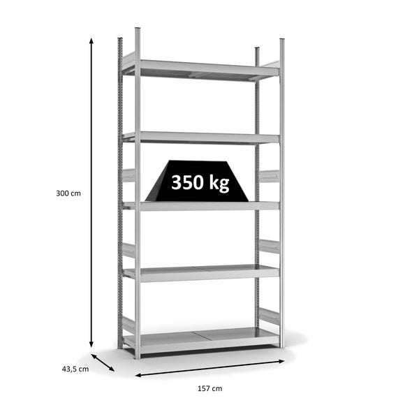 PROREGAL Weitspannregal Stecksystem T-Profil Grundregal HxBxT 300x150x40 cm 5 Ebenen Stahlplatten Fachboden Fachlast 350 kg Verzinkt