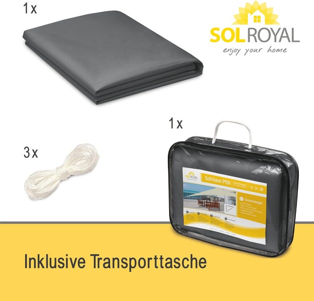 SolRoyal Logo, Lieferumfang SolVision PS9 Sonnensegel in Anthrazit inklusive einer gefalteten Plane, drei Seilen und einer Transporttasche.