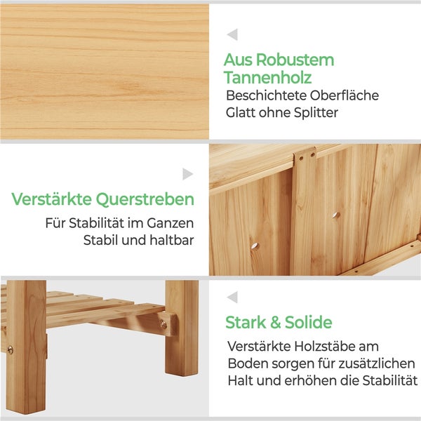 Detailansicht einer Holzbank mit robustem Tannenholz, verstärkten Querbalken und stabilen Holzstäben am Boden