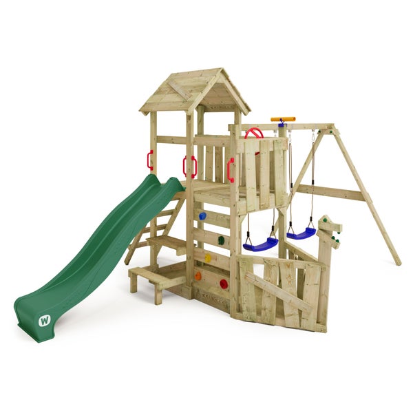 WICKEY Spielturm Klettergerüst GalleyFlyer mit Schaukel und Rutsche, Kletterturm mit Sandkasten, Kletterleiter und Spiel-Zubehör – grün