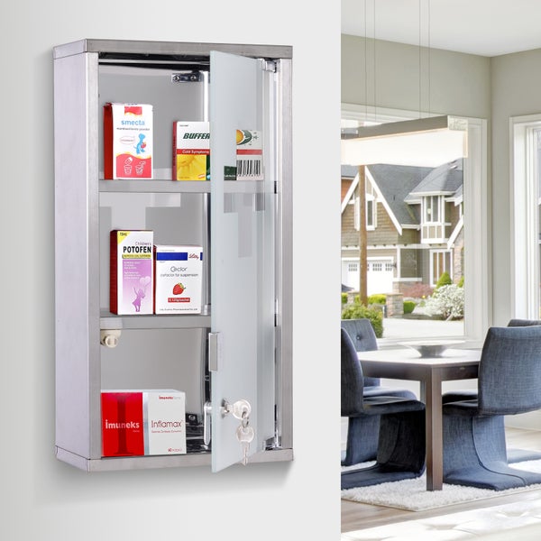HOMCOM Medizinschrank Arzneischrank abschließbarer Apothekerschrank Erste-Hilfe-Schrank mit 3 Fächer Wandschrank Edelstahl Silber 25 x 12 x 48 cm
