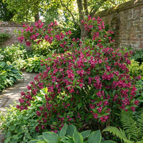 Blühende Weigela im Garten mit dunkelrosa Blüten vor einer Ziegelmauer und einem Steinweg.
