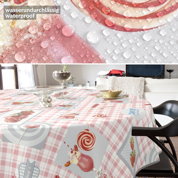 Wasserdichte Tischdecke mit Süßigkeitenmotiven auf einem Tisch
