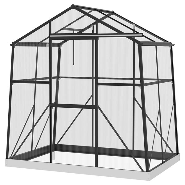 Outsunny Gewächshaus Aluminium 131 x 192 x 203 cm Treibhaus 2,51 m² Tomatenhaus mit Fenster, Schiebetür, Fundament, Aufzucht Pflanzenhaus für Garten, Balkon, Schwarz