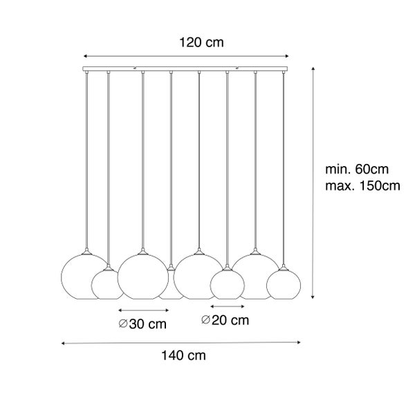Skizze einer Pendelleuchte mit sieben Lampen und Maßangaben