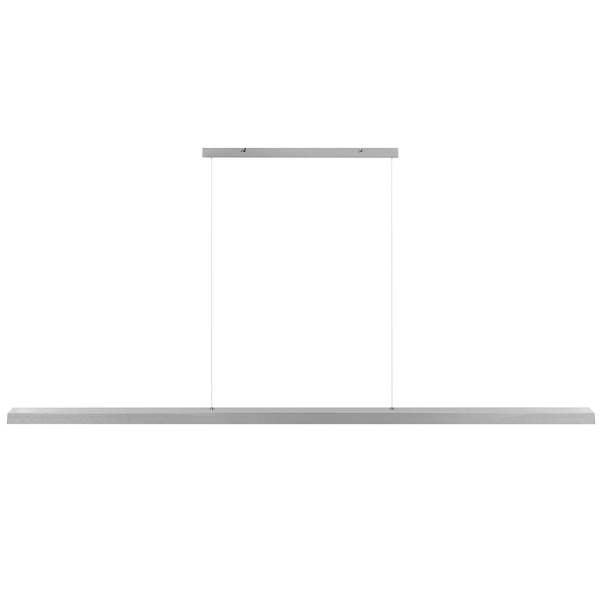 Moderne LED-Pendelleuchte in Balkenform aus gebürstetem Metall mit schmaler Deckenhalterung.