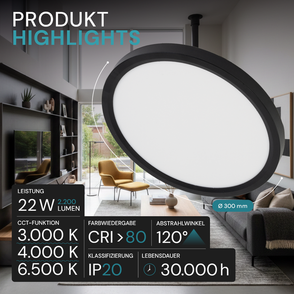 LED-Deckenleuchte rund, 3000 bis 6500 Kelvin, 22 Watt, 2200 Lumen, Durchmesser 300 Millimeter, Lebensdauer 30000 Stunden, Schutzart IP20.