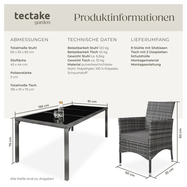 Rattan Sitzgruppe tectake Almansa inklusive Schutzhülle für 8 Personen grau-meliert/grau